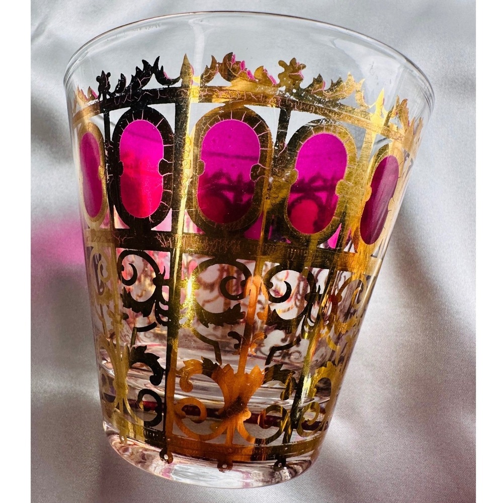 Culver Cranberry Scroll 22KT Gold Flared Rocks Whiskey Lowball Glasses 4 MCM - Picture 9 of 13